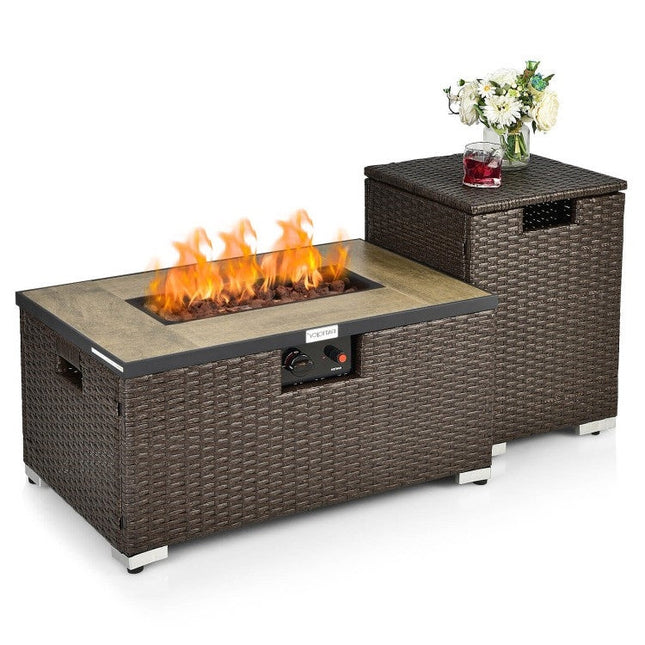 Outdoor Propane Fire Pit with Side Table & Tank Holder - Brown PE Rattan Wicker