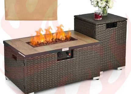 Outdoor Propane Fire Pit with Side Table & Tank Holder - Brown PE Rattan Wicker - Phoenix Fire Art Store