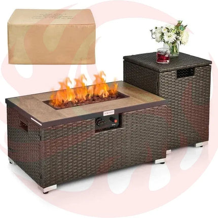 Outdoor Propane Fire Pit with Side Table & Tank Holder - Brown PE Rattan Wicker - Phoenix Fire Art Store