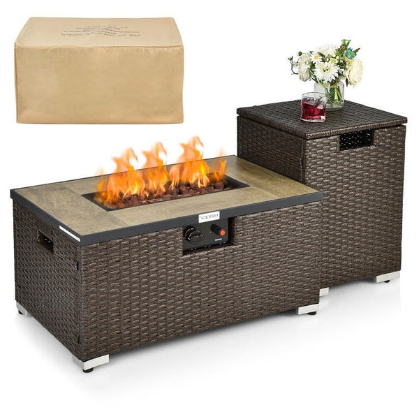 Outdoor Propane Fire Pit with Side Table & Tank Holder - Brown PE Rattan Wicker
