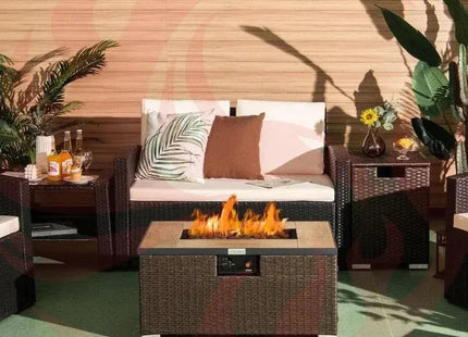 Outdoor Propane Fire Pit with Side Table & Tank Holder - Brown PE Rattan Wicker - Phoenix Fire Art Store