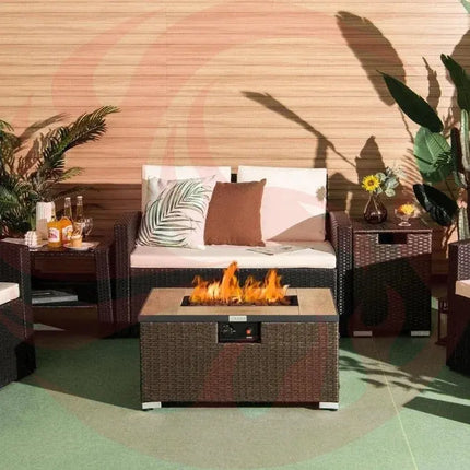 Outdoor Propane Fire Pit with Side Table & Tank Holder - Brown PE Rattan Wicker - Phoenix Fire Art Store