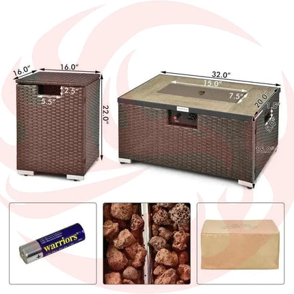 Outdoor Propane Fire Pit with Side Table & Tank Holder - Brown PE Rattan Wicker - Phoenix Fire Art Store