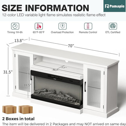 Pamapic 3-Sided Electric Fireplace TV Stand, Farmhouse Entertainment Center with 36" LED Fireplace & Glass Doors for Living Room Pamapic