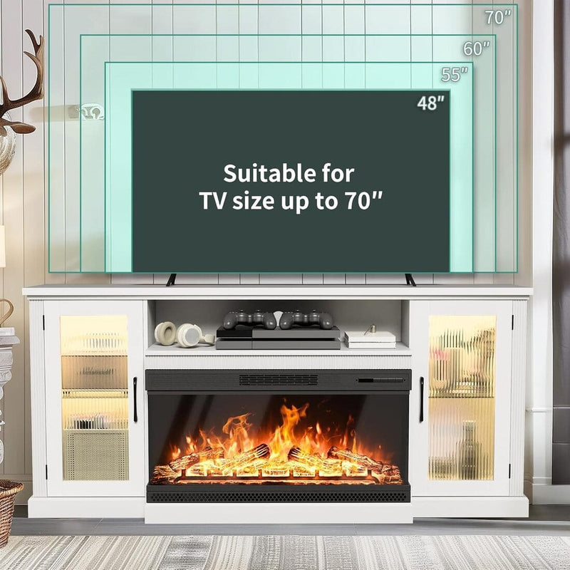 3-Sided Electric Fireplace TV Stand, Farmhouse Entertainment Center with 36" LED Fireplace & Glass Doors for Living Room