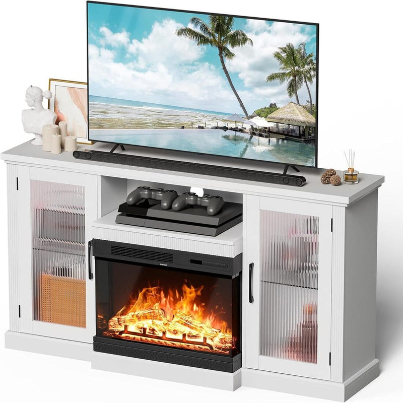 3-Sided Electric Fireplace TV Stand, Farmhouse Entertainment Center with 36" LED Fireplace & Glass Doors for Living Room