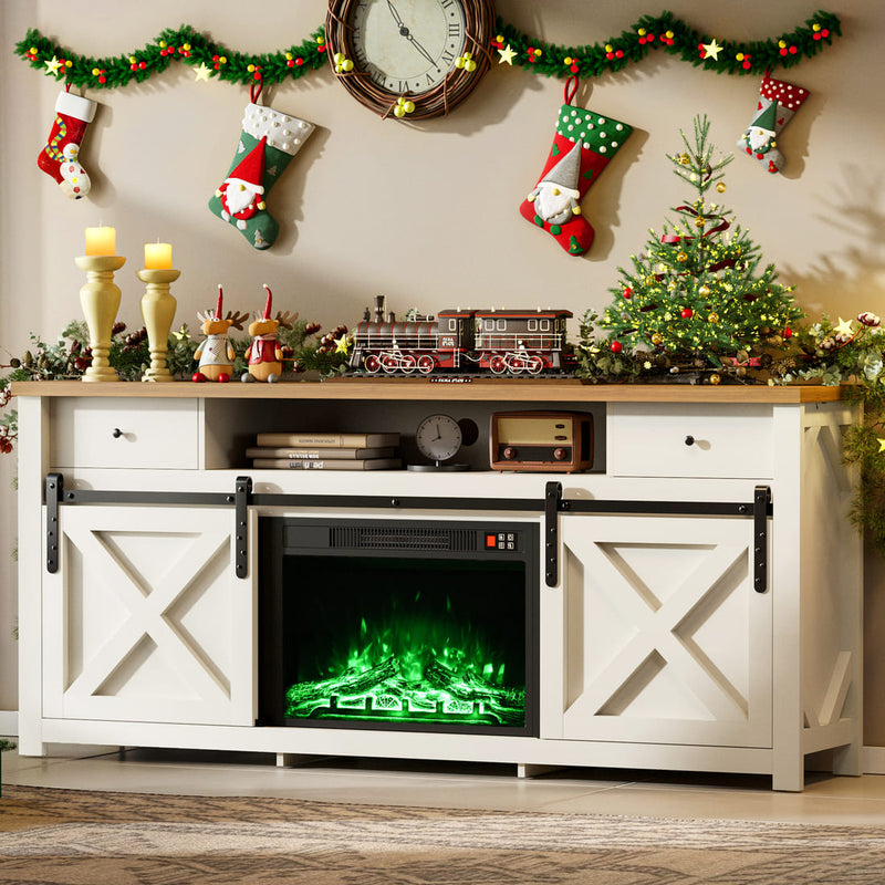 3-Sided Electric Fireplace TV Stand, Farmhouse Entertainment Center with 36" LED Fireplace & Glass Doors for Living Room