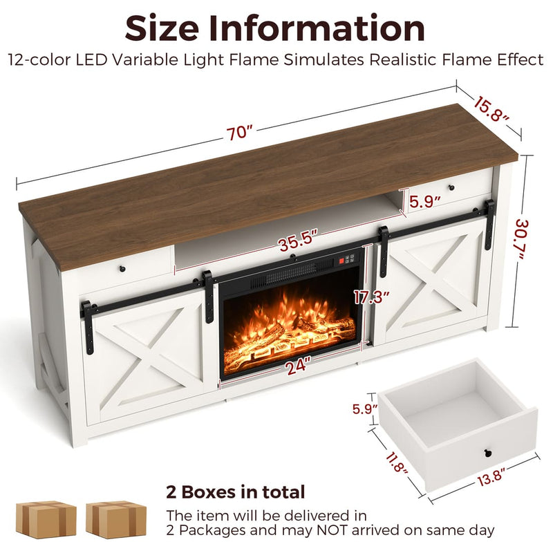 3-Sided Electric Fireplace TV Stand, Farmhouse Entertainment Center with 36" LED Fireplace & Glass Doors for Living Room