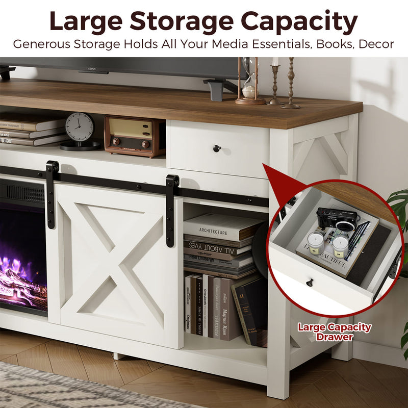 3-Sided Electric Fireplace TV Stand, Farmhouse Entertainment Center with 36" LED Fireplace & Glass Doors for Living Room