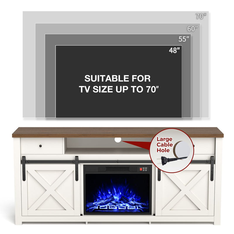 3-Sided Electric Fireplace TV Stand, Farmhouse Entertainment Center with 36" LED Fireplace & Glass Doors for Living Room
