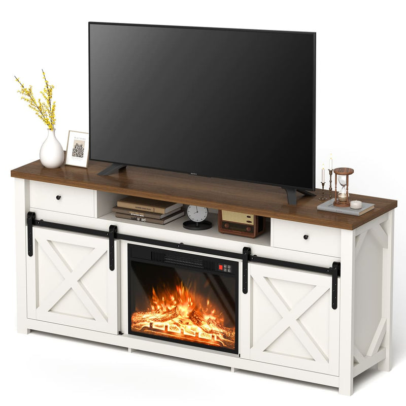 3-Sided Electric Fireplace TV Stand, Farmhouse Entertainment Center with 36" LED Fireplace & Glass Doors for Living Room