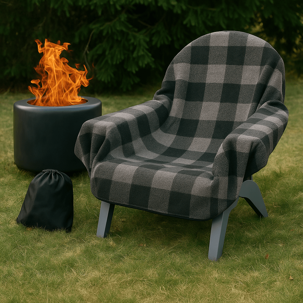 Checkered blanket draped over a chair next to a fire pit on grass