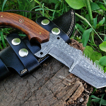 Custom Handmade Damascus Tanto Tracker Knife with Rosewood Handle - 10 inches Overall Length, Serrated Top Blade
