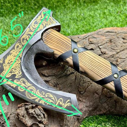 Viking Hatchet with Custom Handmade Engraved 1095 Steel Blade and Ash Wood Leather-Wrapped Handle – Battle Forge