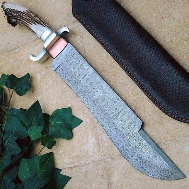 Hunters Big Bowie Knife with Leather Sheath for Sale – Custom Handmade Full Tang Damascus Steel Blade, Antler Horn Handle with Steel & Copper Guards | 20-Inch Survival Knife – KBS Knives