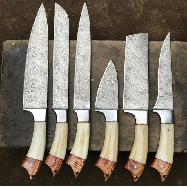 Sculpted Elegance: 6-Piece Kitchen Knives Set with Twist Damascus Steel Blades, Exotic Wood and Bone Handles, and Leather Roll - Phoenix Fire Art Store