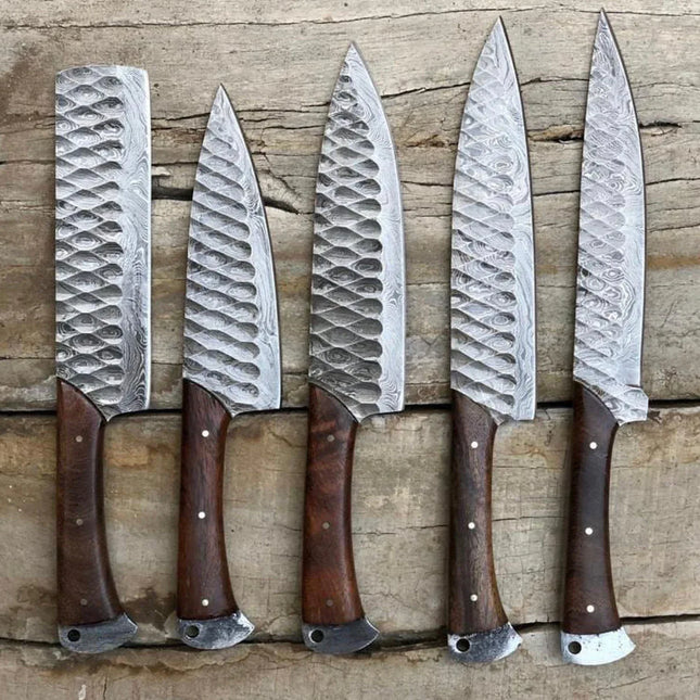 Elegant Rosewood & Damascus Steel 5-Piece Kitchen Knives Set with Leather Roll