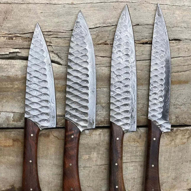 Elegant Rosewood & Damascus Steel 5-Piece Kitchen Knives Set with Leather Roll