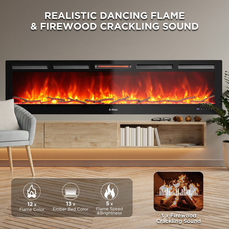 In Flames INF72W-3D WiFi Smart Wall Mounted Electric Fireplace - Tempered Glass