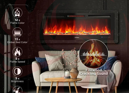 In Flames INF50W-3D WiFi Smart Wall Mounted Electric Fireplace - Tempered Glass - Phoenix Fire Art Store