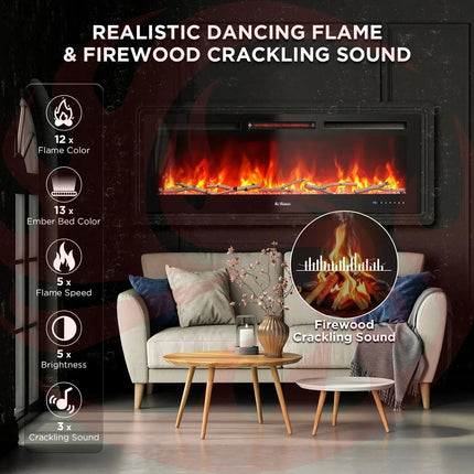In Flames INF50W-3D WiFi Smart Wall Mounted Electric Fireplace - Tempered Glass - Phoenix Fire Art Store
