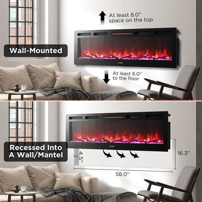 In Flames INF60W-3D WiFi Smart Wall Mounted Electric Fireplace - Tempered Glass
