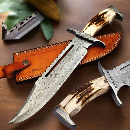 Stormbringer Bowie Knife – Custom 16" Raindrops Damascus Steel Blade with Antler Horn Handle