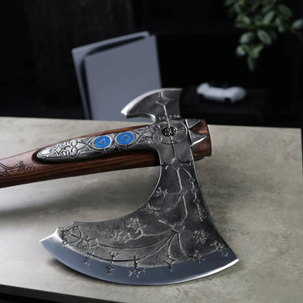 Hand-forged "Ragnarok Kratos axe" with carved handle and Glow-in-the-Dark Runes - Phoenix Fire Art Store