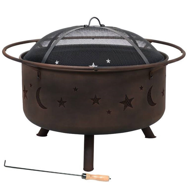 Moon Stars Sky Steel Fire Pit Bowl – Celestial Campfire Vibes with Screen, Grate & Poker