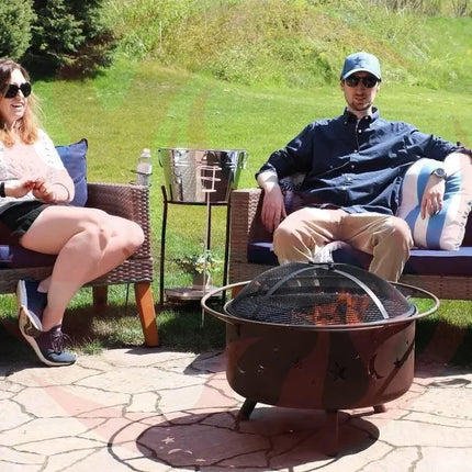 Moon Stars Sky Steel Fire Pit Bowl – Celestial Campfire Vibes with Screen, Grate & Poker - Phoenix Fire Art Store