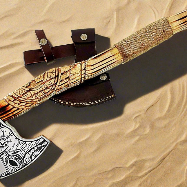 Norse Axe with Custom Handmade Forged 1095 Steel Blade and Hand Engraved Ash Wood Handle – Odin’s Edge