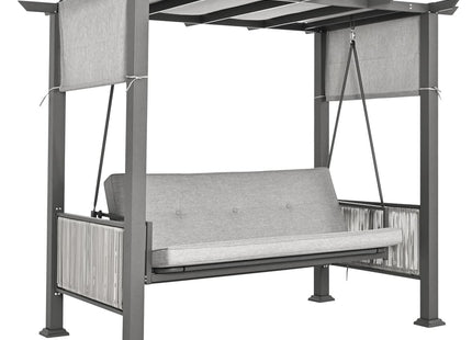Pamapic 3-Seat Outdoor Metal Pergola Porch Swing Bed with Stand & Cushion, Gray Pamapic