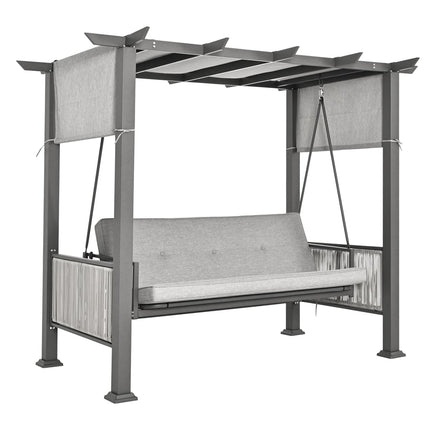 Pamapic 3-Seat Outdoor Metal Pergola Porch Swing Bed with Stand & Cushion, Gray Pamapic