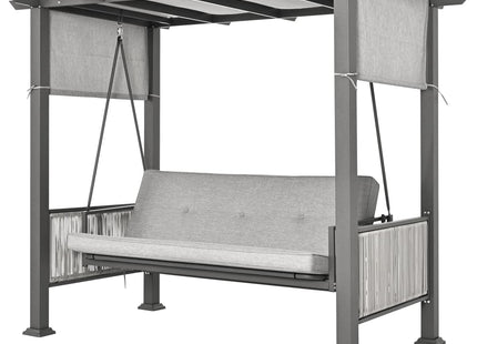 Pamapic 3-Seat Outdoor Metal Pergola Porch Swing Bed with Stand & Cushion, Gray Pamapic
