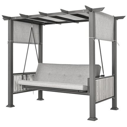 Pamapic 3-Seat Outdoor Metal Pergola Porch Swing Bed with Stand & Cushion, Gray Pamapic