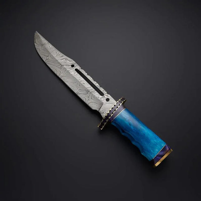 Rambo First Blood Knife - Custom Handmade Damascus Steel Bowie with Colored Bone Handle and Leather Sheath