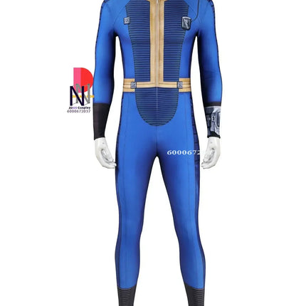 Fallout Vault 33 Hank Cosplay Costume - Blue Jumpsuit Uniform with Arm Props