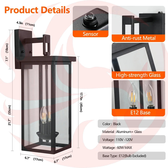 22" Outdoor Wall Lantern Dusk to Dawn Sensor Matte Black Weatherproof Exterior Light Moktan Sabai