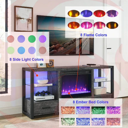 60 Inch Electric Fireplace TV Stand with Sync LED Lights - Dark Rustic Oak - Phoenix Fire Art Store