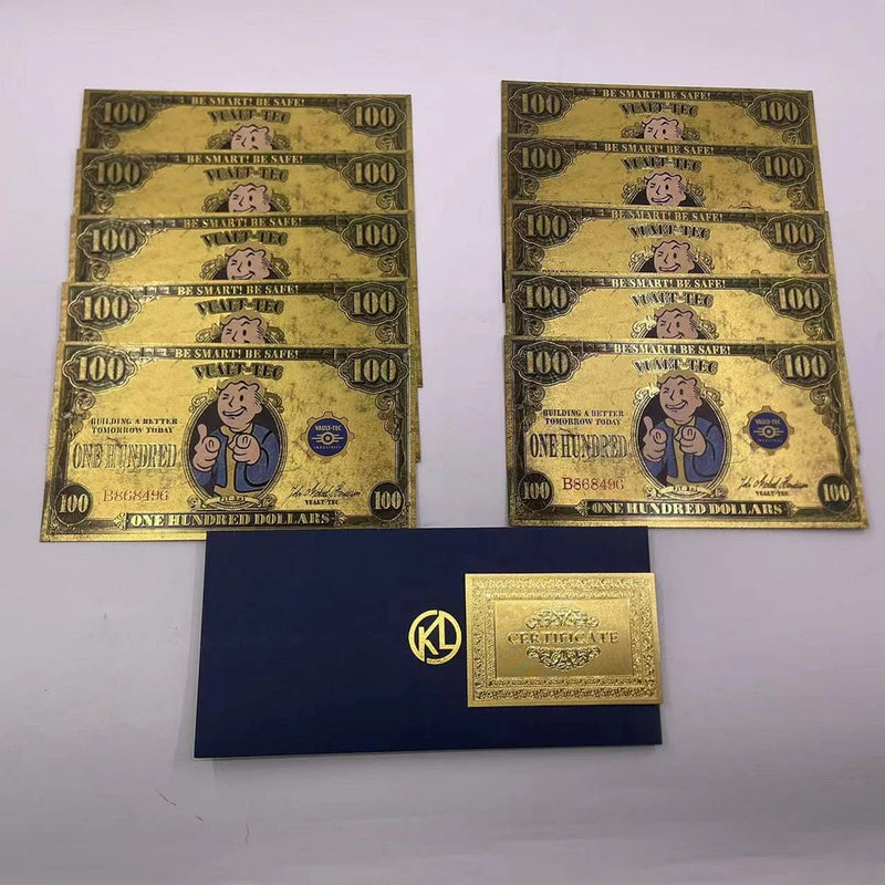 Fallout Vault-Tec $100 Gold Banknote - Game Currency Collectible