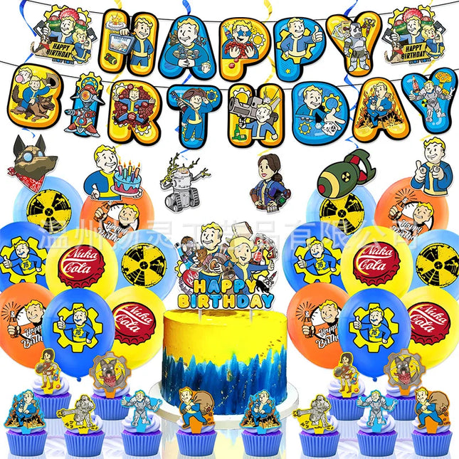 Fallout Birthday Party Decorations Kit - Vault Boy Banner, Balloons & Flags - Complete Radiation Theme Party Supplies
