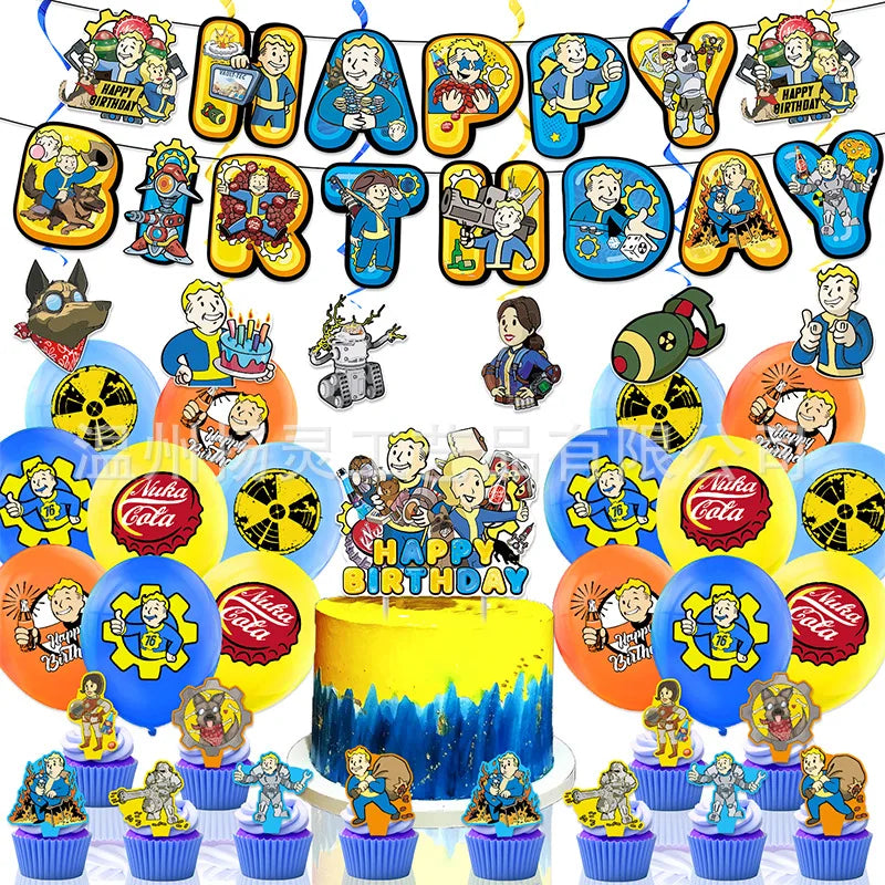 Fallout Birthday Party Decorations Kit - Vault Boy Banner, Balloons & Flags - Complete Radiation Theme Party Supplies
