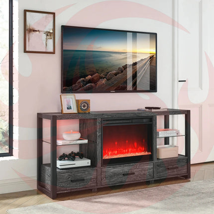 60 Inch Electric Fireplace TV Stand with Sync LED Lights - Dark Rustic Oak - Phoenix Fire Art Store