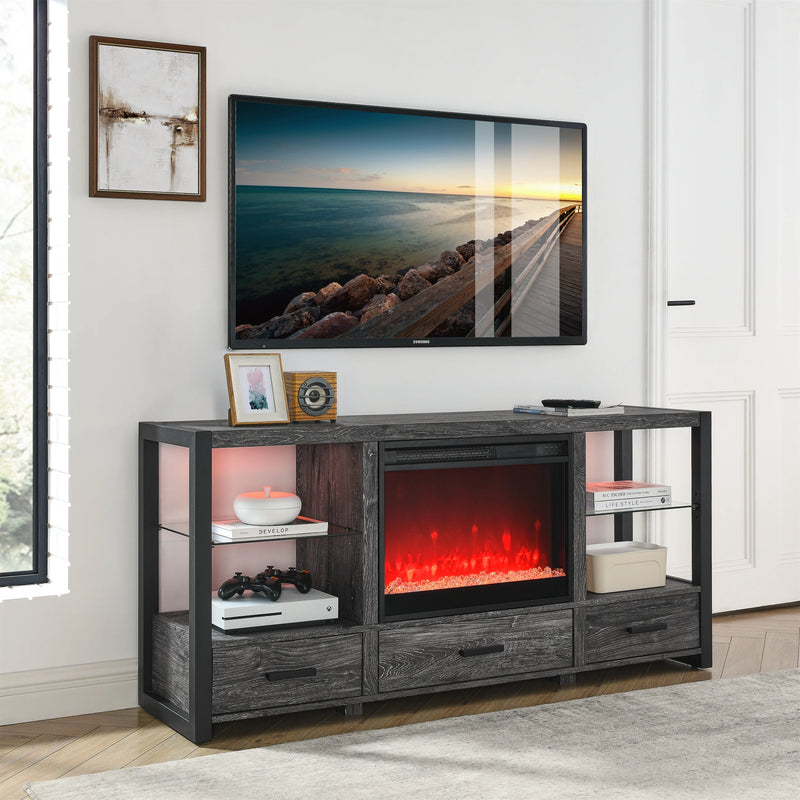 60 Inch Electric Fireplace TV Stand with Sync LED Lights - Dark Rustic Oak