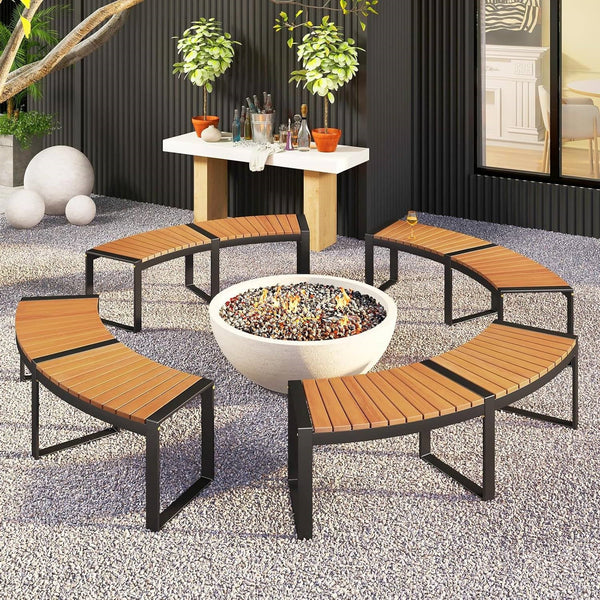 Set of 4 Round Outdoor Metal & Wood Backless Benches - Fire Pit, Tree & Table Seating