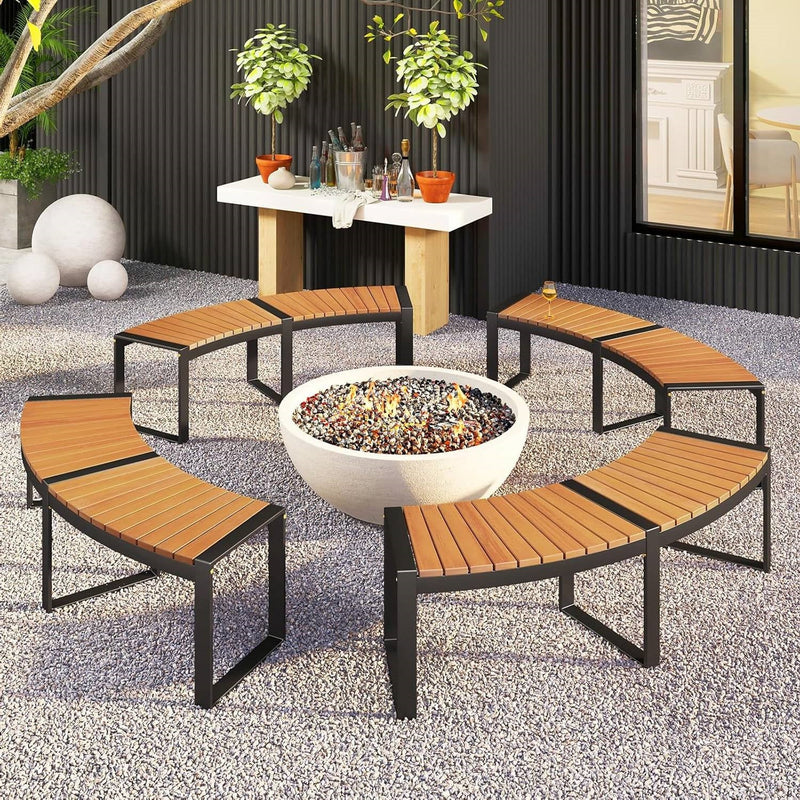 Set of 4 Round Outdoor Metal & Wood Backless Benches - Fire Pit, Tree & Table Seating