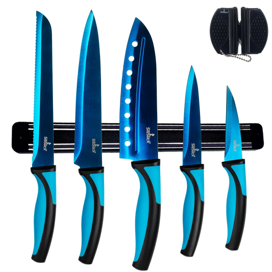 Kitchen Knife Set Kit | Blue Handle, Blue Blade & Black Magnetic Rack - Phoenix Fire Art Store