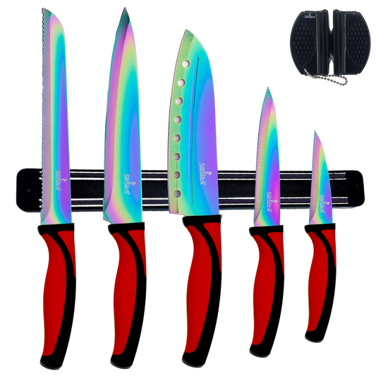 Kitchen Knife Set Kit | Red Handle & Black Magnetic Rack - Phoenix Fire Art Store