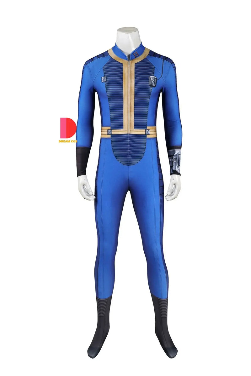 Fallout Vault 33 Hank Cosplay Costume - Blue Jumpsuit Uniform with Arm Props