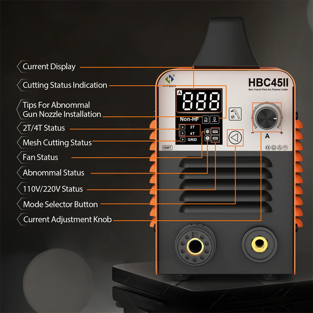 HITBOX 45A Plasma Cutter - Non-HF Non-Touch IGBT Inverter with Smart LED Display for DIY & Workshop Cutting